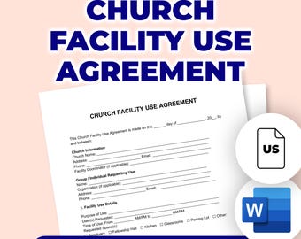Puede incluir: Un formulario blanco de Acuerdo de Uso de Instalaciones de la Iglesia con el título en letras grandes, en negrita y de color azul oscuro. El formulario incluye campos para la información de la iglesia y los detalles de uso de las instalaciones. Iconos de EE. UU. y Word.