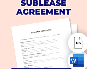 Puede incluir: Un formulario de acuerdo de subarrendamiento blanco con el título "SUBLEASE AGREEMENT" en letras grandes de color azul oscuro. El formulario incluye campos para la información del inquilino y está etiquetado como "EDITABLE & PRINTABLE". También hay iconos de US y Word.