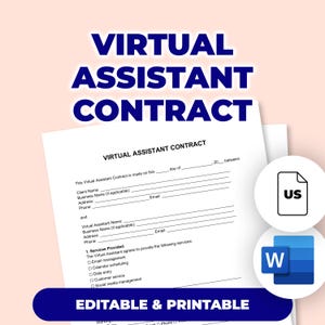 Könnte beinhalten: Ein weißer Virtual Assistant Contract mit dem Titel in großen blauen Buchstaben. Der Vertrag enthält Felder für Kunden- und Virtual Assistant-Informationen sowie eine Liste von Dienstleistungen. Die Worte "Editable & Printable" stehen unten.