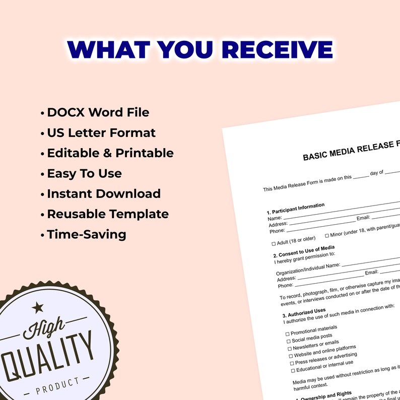 Basic Media Release Form | Printable File for Microsoft Word - Etsy