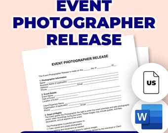 May include: A white Event Photographer Release form with the title in large, dark blue letters. The form includes sections for photographer and event details, and a grant of rights. Icons for US letter and Microsoft Word are also visible.