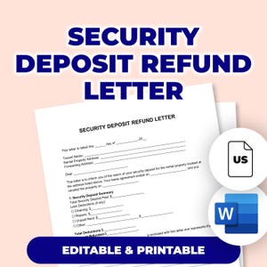 May include: A printable security deposit refund letter template with the text "SECURITY DEPOSIT REFUND LETTER" in large blue letters. The document includes fields for tenant name, address, and a security deposit summary. Includes "EDITABLE & PRINTABLE" text.