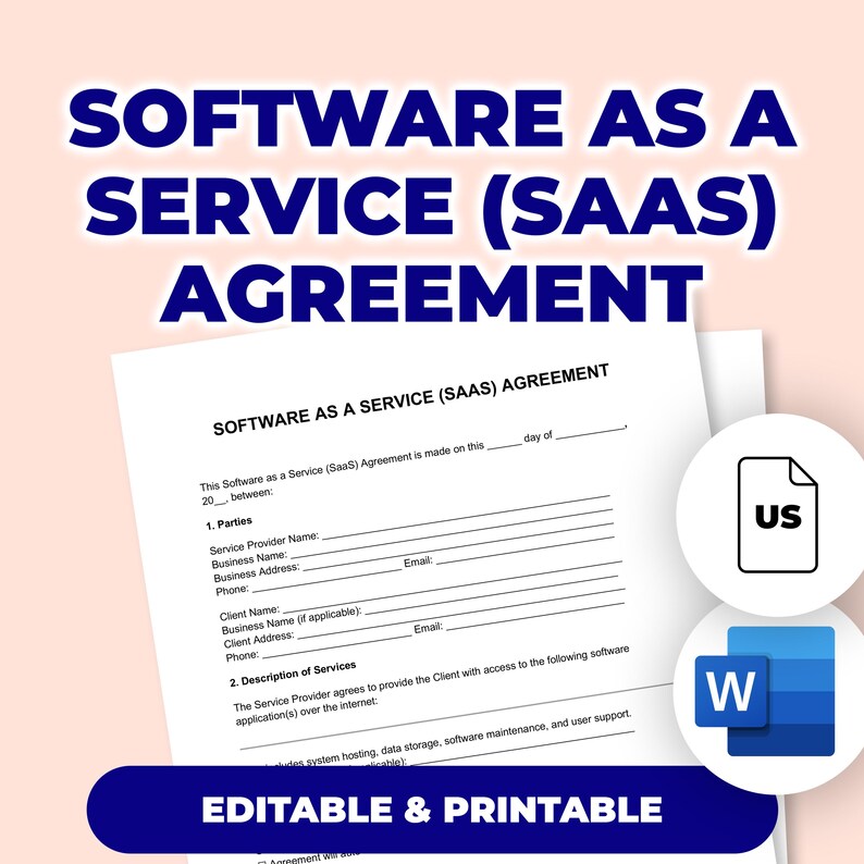Software as A Service SAAS Agreement| Printable Template for Microsoft ...