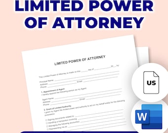 May include: A white document titled "LIMITED POWER OF ATTORNEY" with fillable fields. The document includes the text "EDITABLE & PRINTABLE" and icons for US and Microsoft Word.
