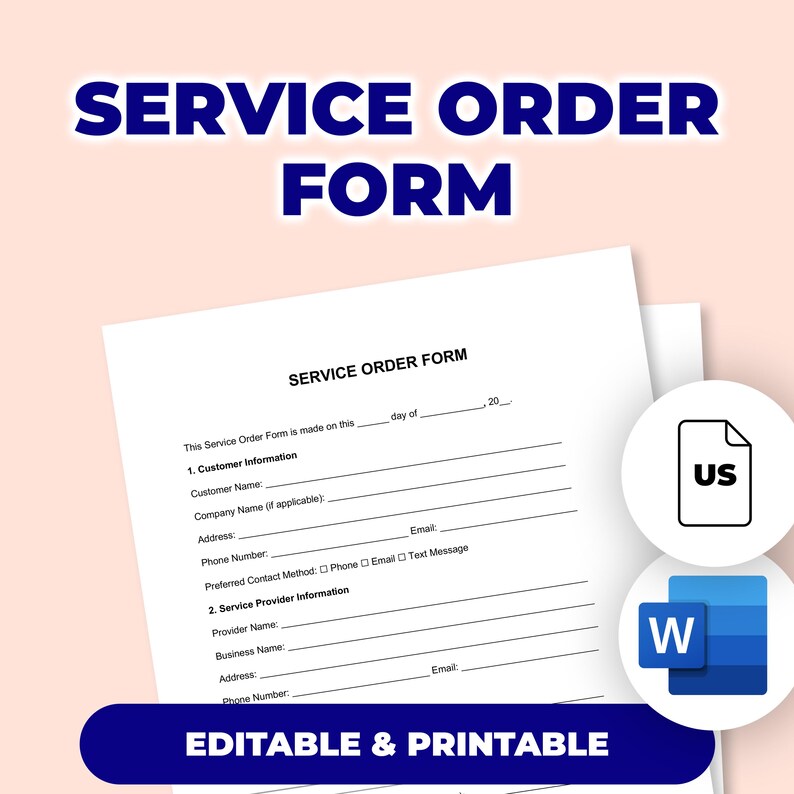 Service Order Form | Printable Template for Microsoft Word - Etsy
