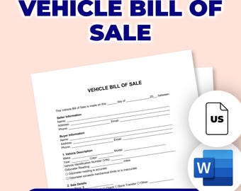 Puede incluir: Un formulario blanco de venta de vehículo con el texto "VEHICLE BILL OF SALE" en azul. El formulario incluye secciones para la información del vendedor y del comprador, la descripción del vehículo y los detalles de la venta. Las palabras "EDITABLE & PRINTABLE" están en la parte inferior.