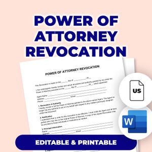 Puede incluir: Un documento titulado "REVOCACIÓN DE PODER" con el texto "EDITABLE E IMPRIMIBLE" en la parte inferior. El documento incluye secciones para el nombre del agente, la dirección y la información principal. Se ven iconos de US y W.