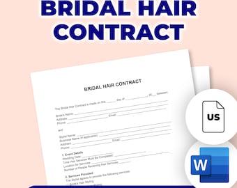 May include: A white document titled "BRIDAL HAIR CONTRACT" with fillable fields for bride and stylist details. The document includes sections for event details and services provided. The image also includes a "US" icon and a "W" icon.