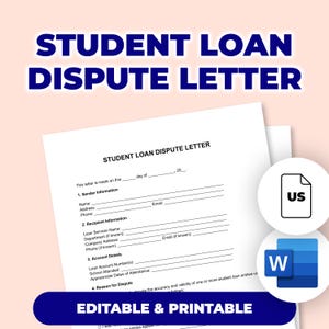 Peut inclure: Document blanc intitulé "STUDENT LOAN DISPUTE LETTER" avec des champs à remplir pour les informations de l'expéditeur et du destinataire, les détails du compte et la raison du litige. Comprend une icône "US" et une icône "W". Le texte "EDITABLE & PRINTABLE" est également visible.