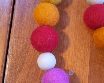 Rainbow Wool Felt Ball Garland with Wood Beads