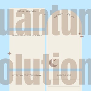 Puede incluir: Una página de diario azul claro con el texto "Daily Reflection". Presenta secciones para la gratitud diaria, las intenciones y las notas, con las frases "Today I Achieved", "Things That Made Me Happy", "Intention for Tomorrow" y "Note to Self".