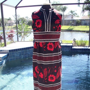 Vintage 1970s Long Black, White and Red Flowered Maxi Dress image 1