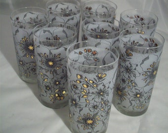 Mid Century Frosted Glasses with Flowers and Colors of Black and Gold, Set of Eight