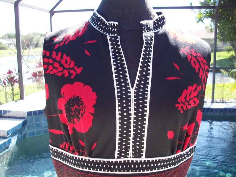 Vintage 1970s Long Black, White and Red Flowered Maxi Dress image 2