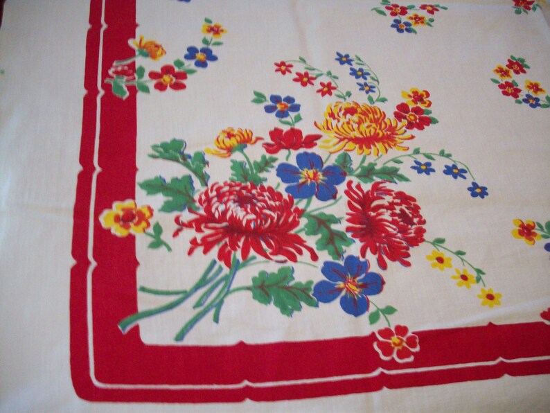 Vintage Bright Colored Flower Tablecloth
