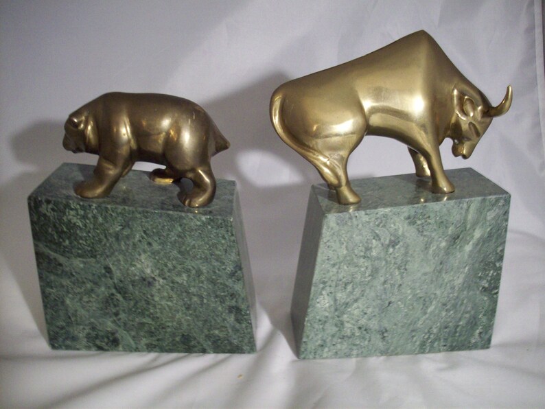 Brass Bull & Bear Market Bookends on Green Marble Slabs Etsy