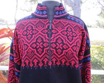 Meister Vintage 80s Purple Red Snowflake Winter Wool Geometric Rainbow Knit Fun Sweater