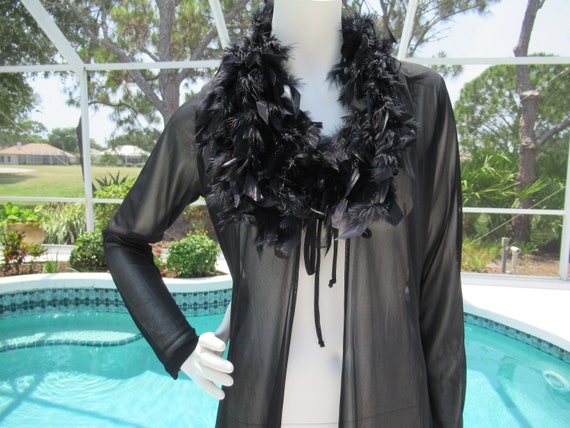 Vintage Long Black Sheer Robe with Feather Collar… - image 2