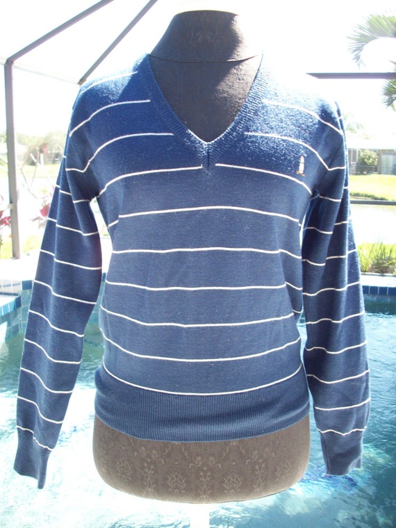 Vintage Blue with white stripe V Neck Sweater by … - image 2