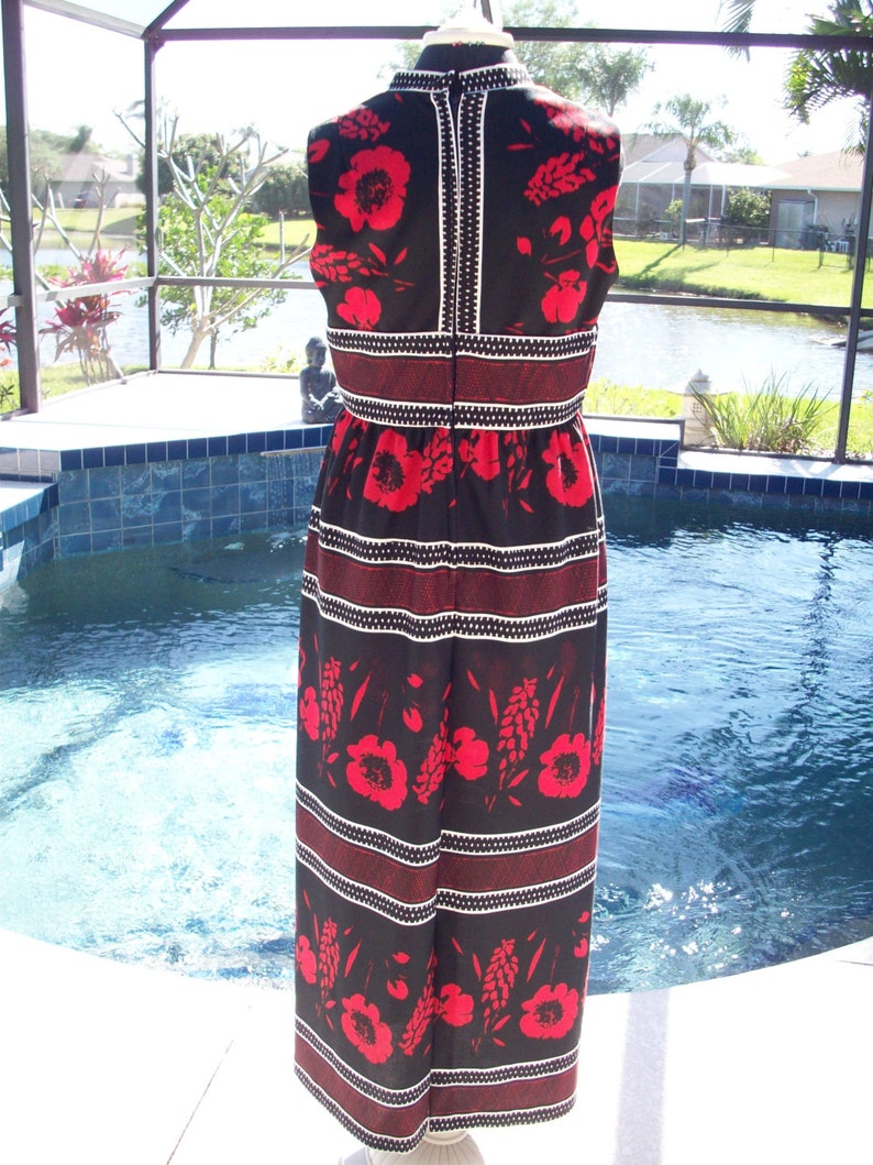 Vintage 1970s Long Black, White and Red Flowered Maxi Dress image 5