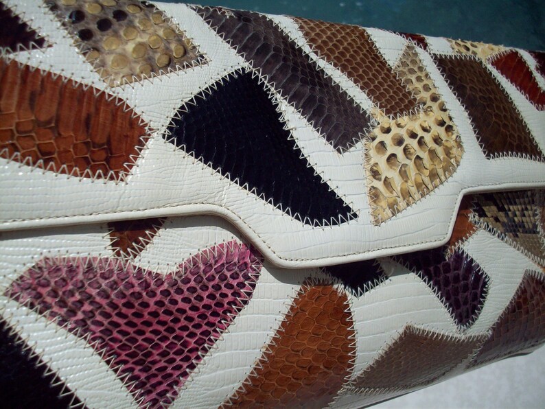 Exotic Vintage Leather and Snake Skin Multi Coloured Clutch from 70s