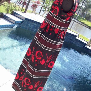 Vintage 1970s Long Black, White and Red Flowered Maxi Dress image 4