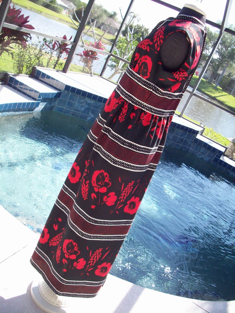 Vintage 1970s Long Black, White and Red Flowered Maxi Dress image 4