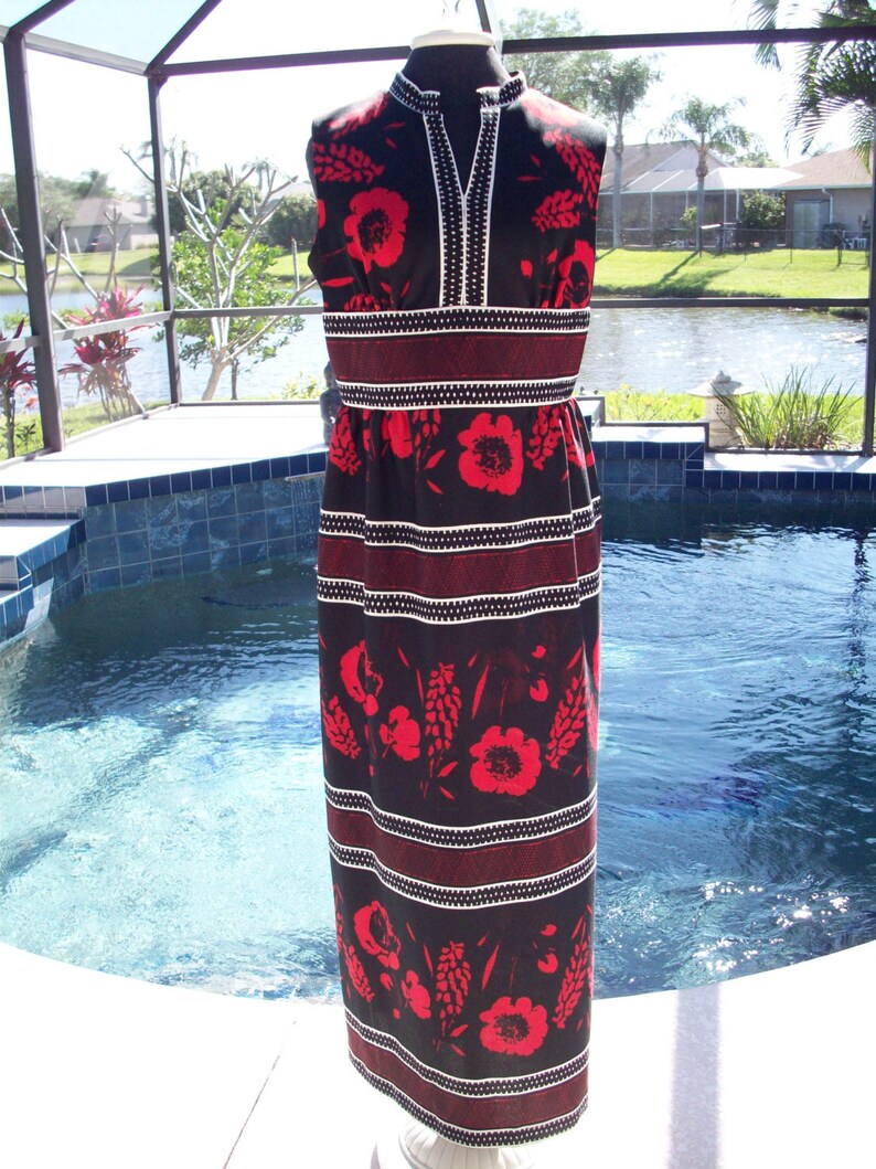 Vintage 1970s Long Black, White and Red Flowered Maxi Dress image 1