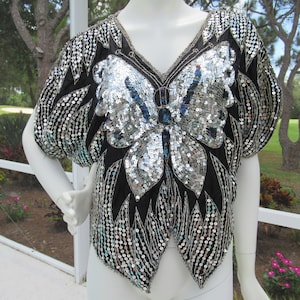 Vintage Silver and Black Sequin & Silver Beaded Butterfly Silk Dress Crop Top