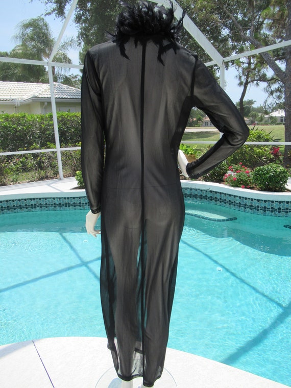 Vintage Long Black Sheer Robe with Feather Collar… - image 7