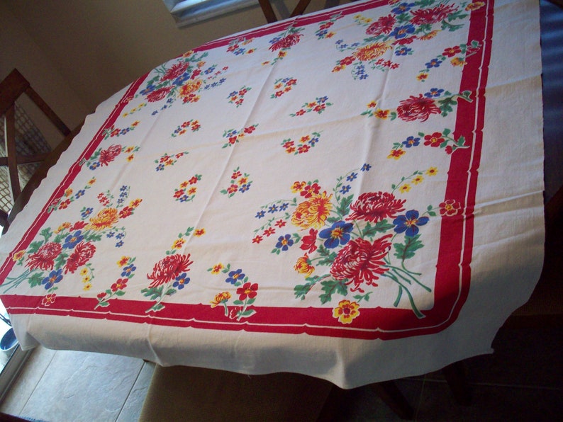 Vintage Bright Colored Flower Tablecloth