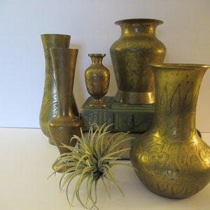 Vintage LOT / Collection of Five Mismatched Etched Brass Vases, Home Decor, Bud Vase, Vase