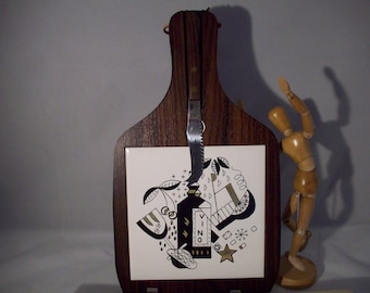 Mid Century Wooden Paddle / Cheese / Cutting Board With Porcelain VINO Tile and Knife