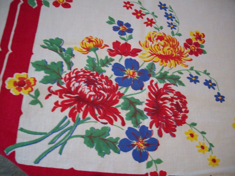 Vintage Bright Colored Flower Tablecloth