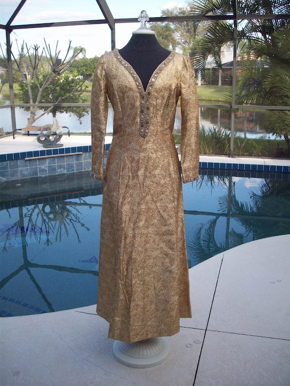Vintage Long Gold Shiny Lame Evening Dress