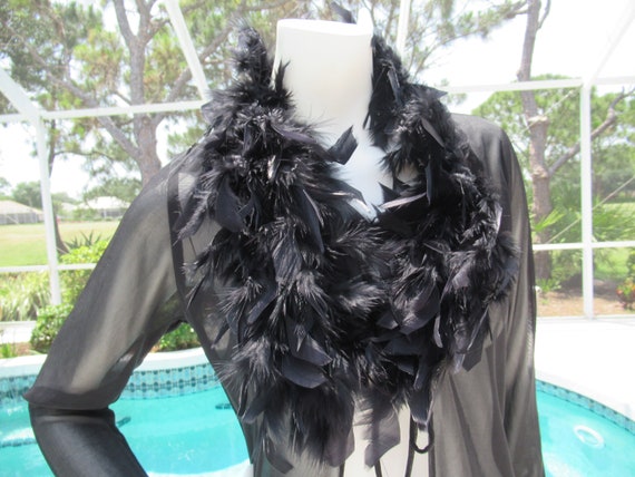 Vintage Long Black Sheer Robe with Feather Collar… - image 8
