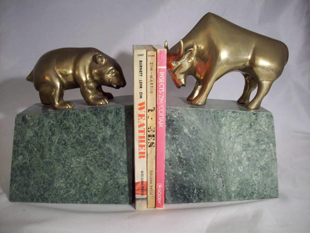 Brass Bull & Bear Market Bookends on Green Marble Slabs Etsy
