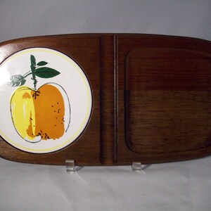 Mid Century Wood Cheese and Cracker Tray With Apple Porcelain Tile