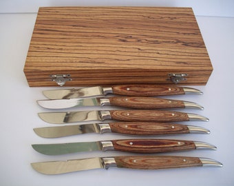 Vintage Box Set of Wood Steak Knife Set, Stainless Steel, Set of 6 in Nice Wooden Box