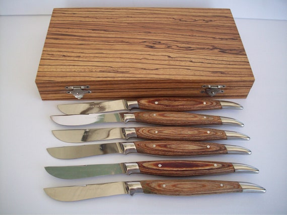 Vintage Box Set of Wood Steak Knife Set, Stainless Steel, Set of 6 in Nice  Wooden Box 