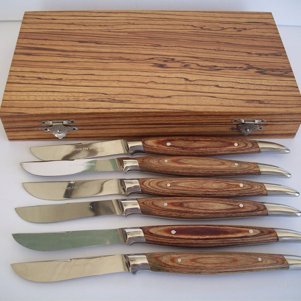 Vintage Box Set of Wood Steak Knife Set, Stainless Steel, Set of 6 in Nice Wooden Box