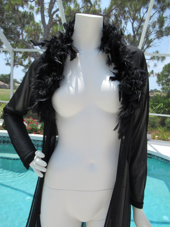 Vintage Long Black Sheer Robe with Feather Collar… - image 3