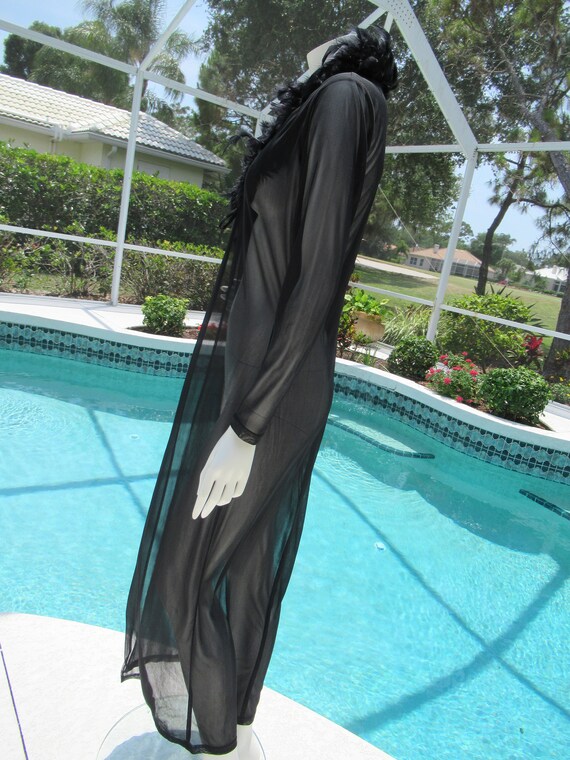 Vintage Long Black Sheer Robe with Feather Collar… - image 6