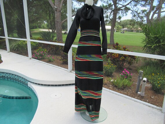 Vintage Long Black with Colorful Metallic Stripes… - image 1