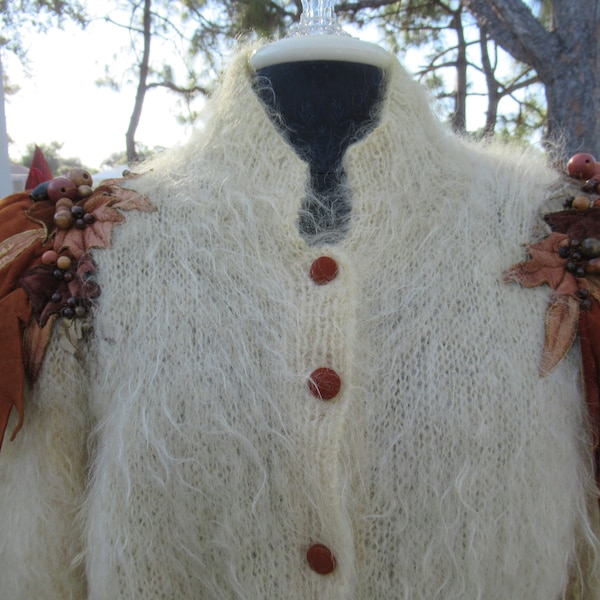 Vintage Button Up Cream Sweater Embellished with Leather and Wood Beads on Shoulders by Gini Pearl, Made in England