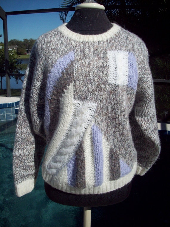 Vintage White, Grey and Lavender Knit Sweater by C