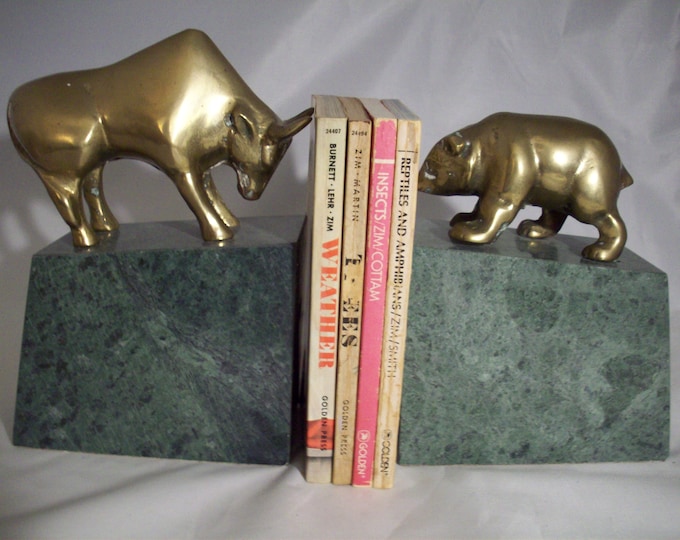 Brass Bull & Bear Market Bookends on Green Marble Slabs Etsy