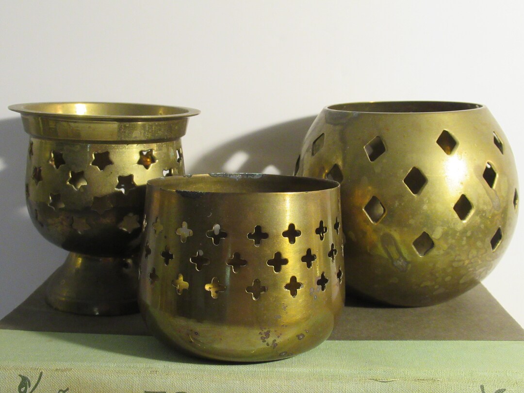 Vintage Round Brass Roly Poly Star, Diamond and Clover Candle Holders ...