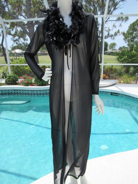 Vintage Long Black Sheer Robe with Feather Collar… - image 1