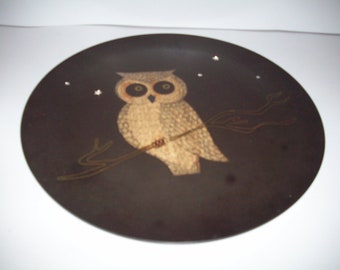 Large Round Owl Tray with Rhinestones for Stars by Couroc, 14" round